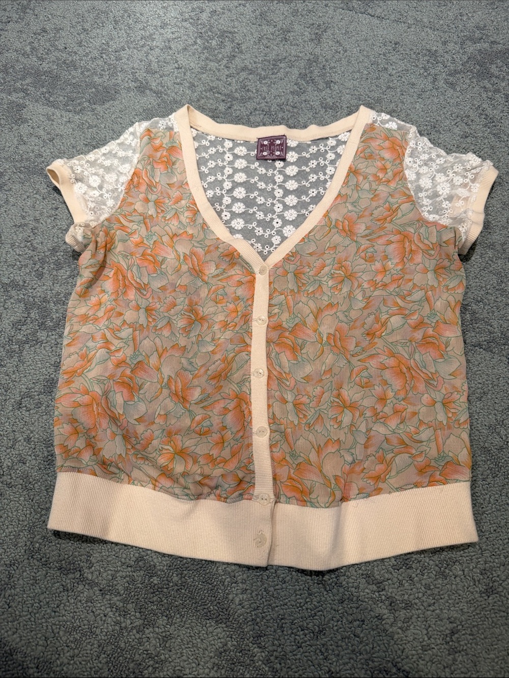 Free People Peach Floral Lace-Trim Sheer Button Cardigan - size medium